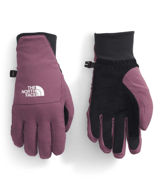 Pair of gloves, purple on front and back, black palm and wrist, white text logo on one glove.