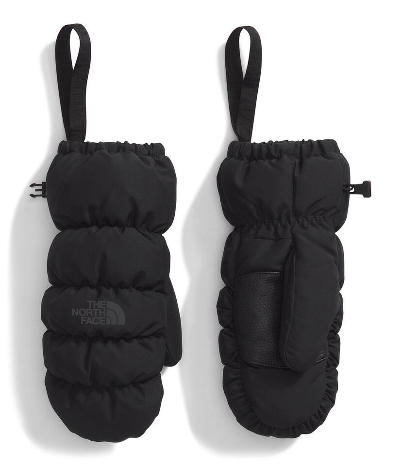 Pair of puffy black winter mittens with black wrist loops