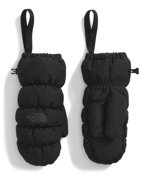 Pair of puffy black winter mittens with black wrist loops