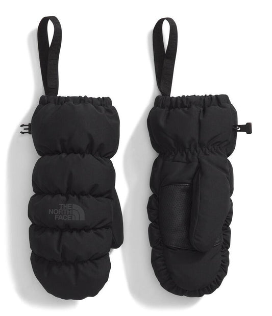 Pair of puffy black winter mittens with black wrist loops