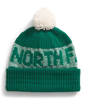 Green beanie with a white pompom on top and the word "NORTHE" knit in white.