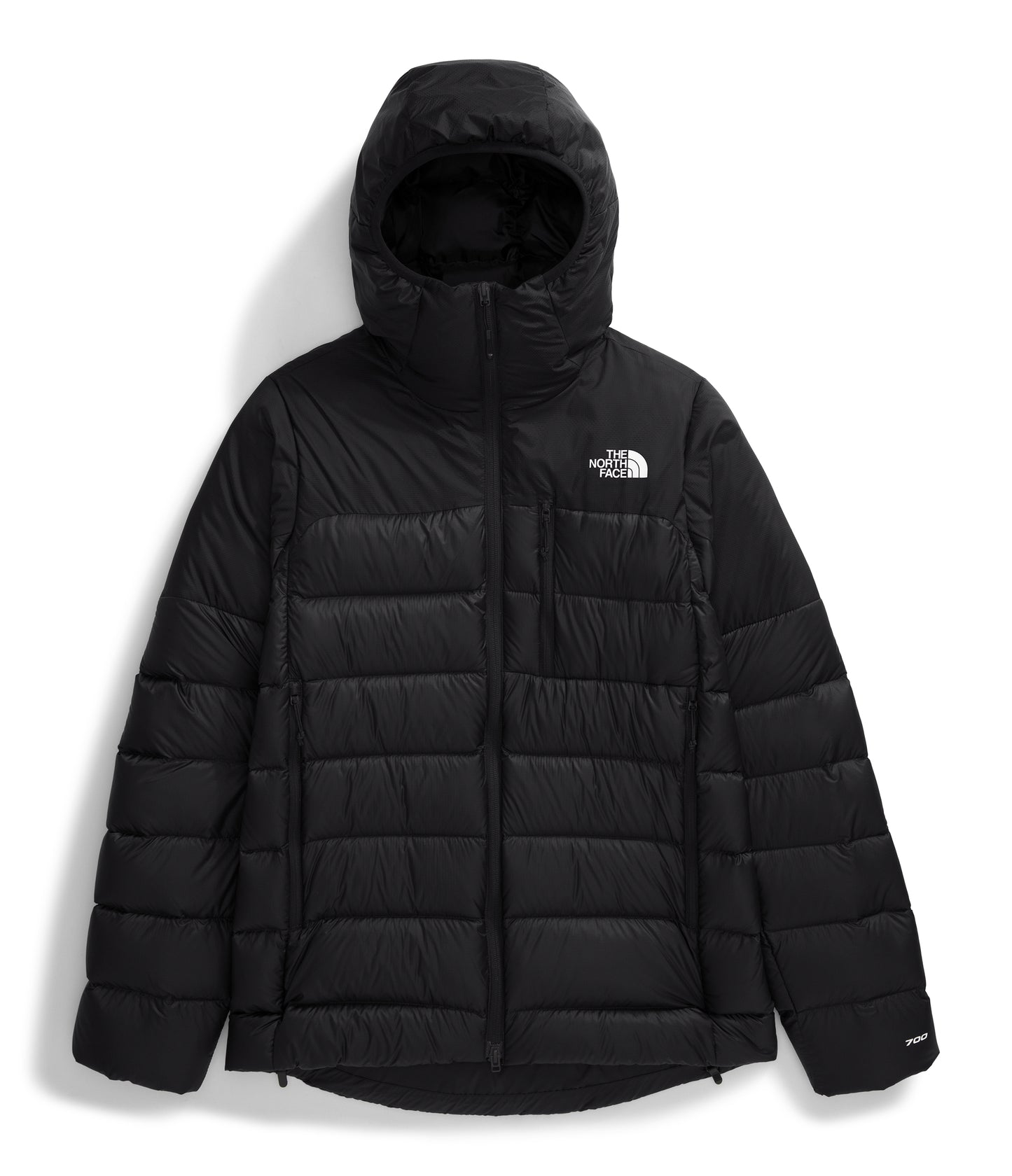 Black puffy jacket with hood and logo on chest
