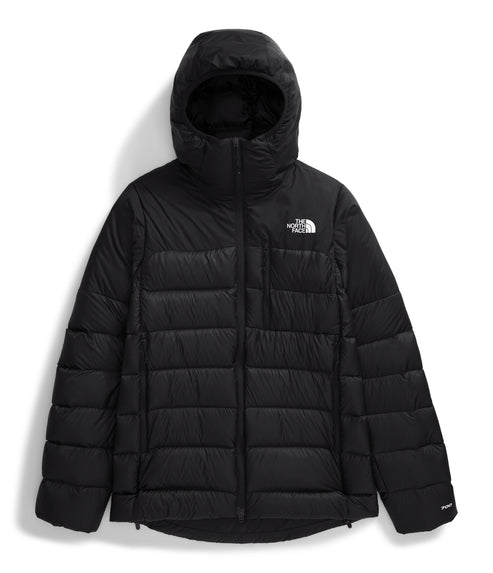 Black puffy jacket with hood and logo on chest