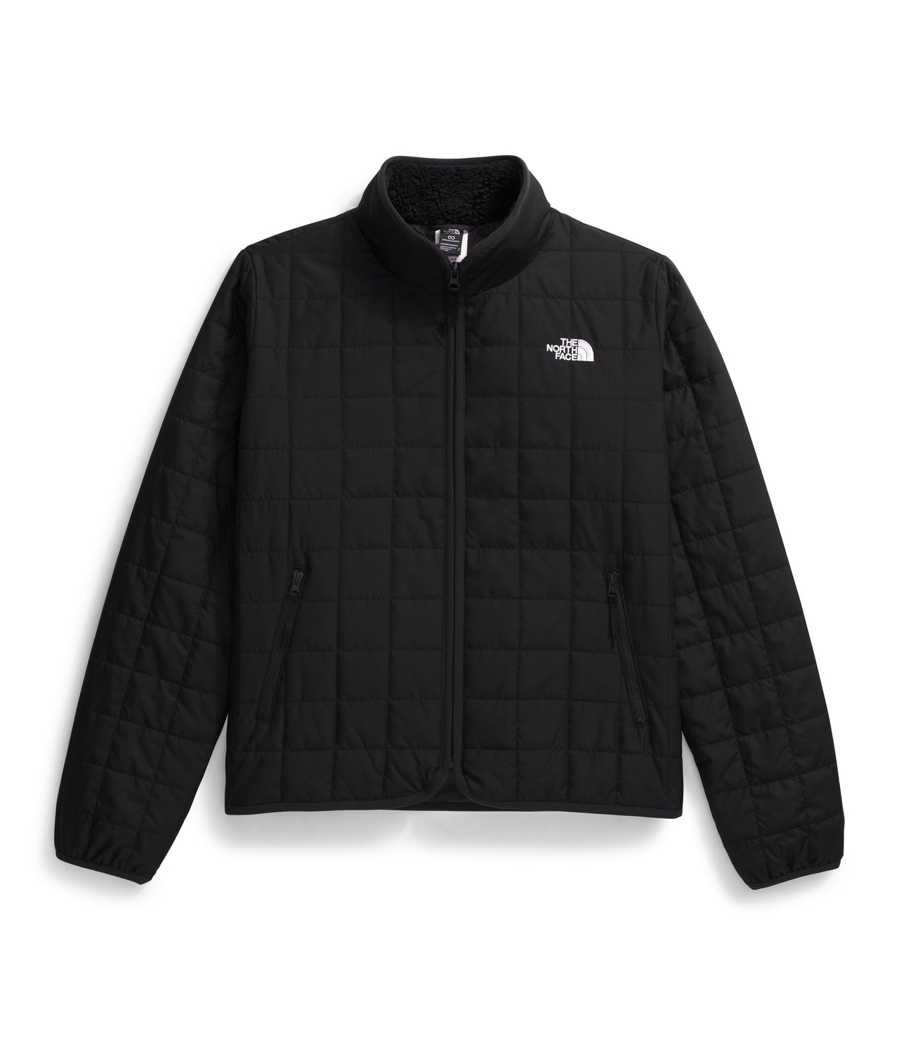 Black quilted jacket with zip and white logo on the chest.