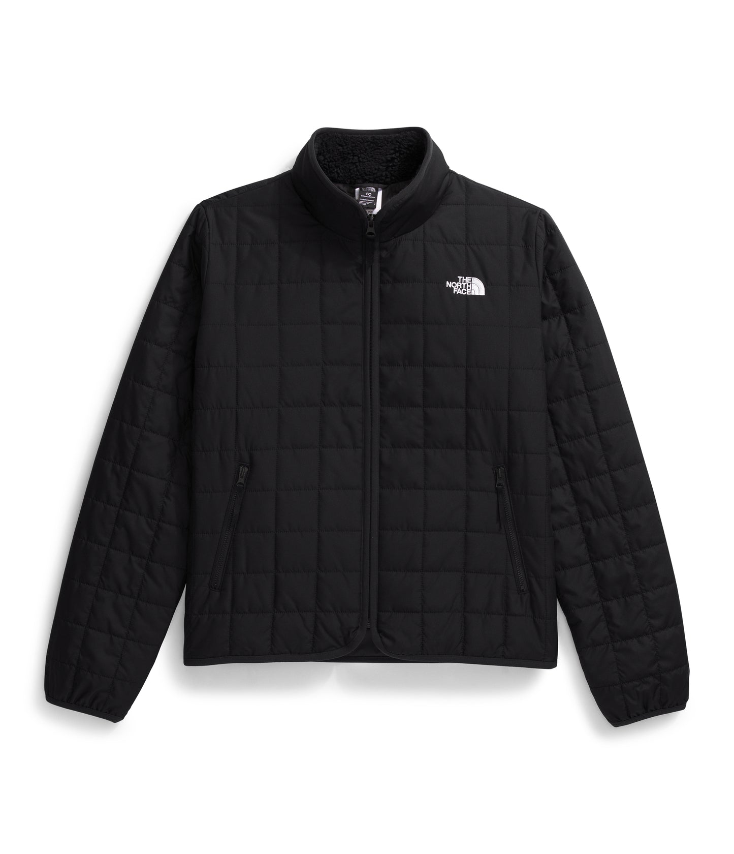 Black quilted jacket with zip and white logo on the chest.
