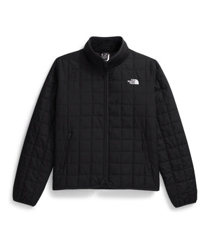 Black quilted jacket with zip and white logo on the chest.