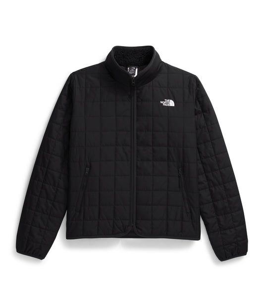 Black quilted jacket with zip and white logo on the chest.
