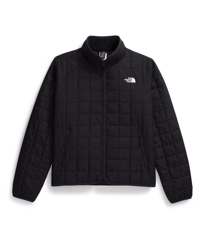Black quilted jacket with zip and white logo on the chest.