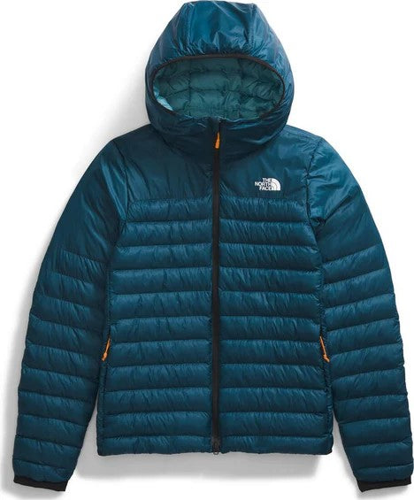 Teal hooded puffer jacket with a black zipper.