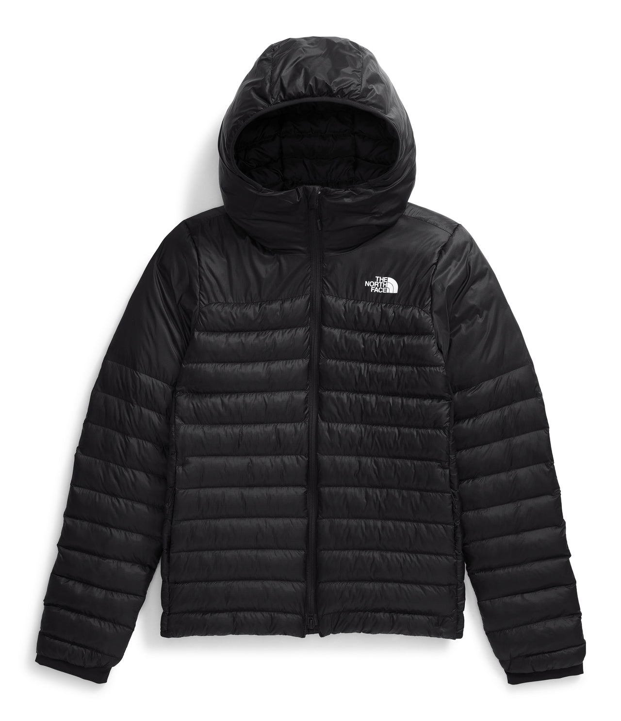 Black hooded puffer jacket with white logo on upper right chest.