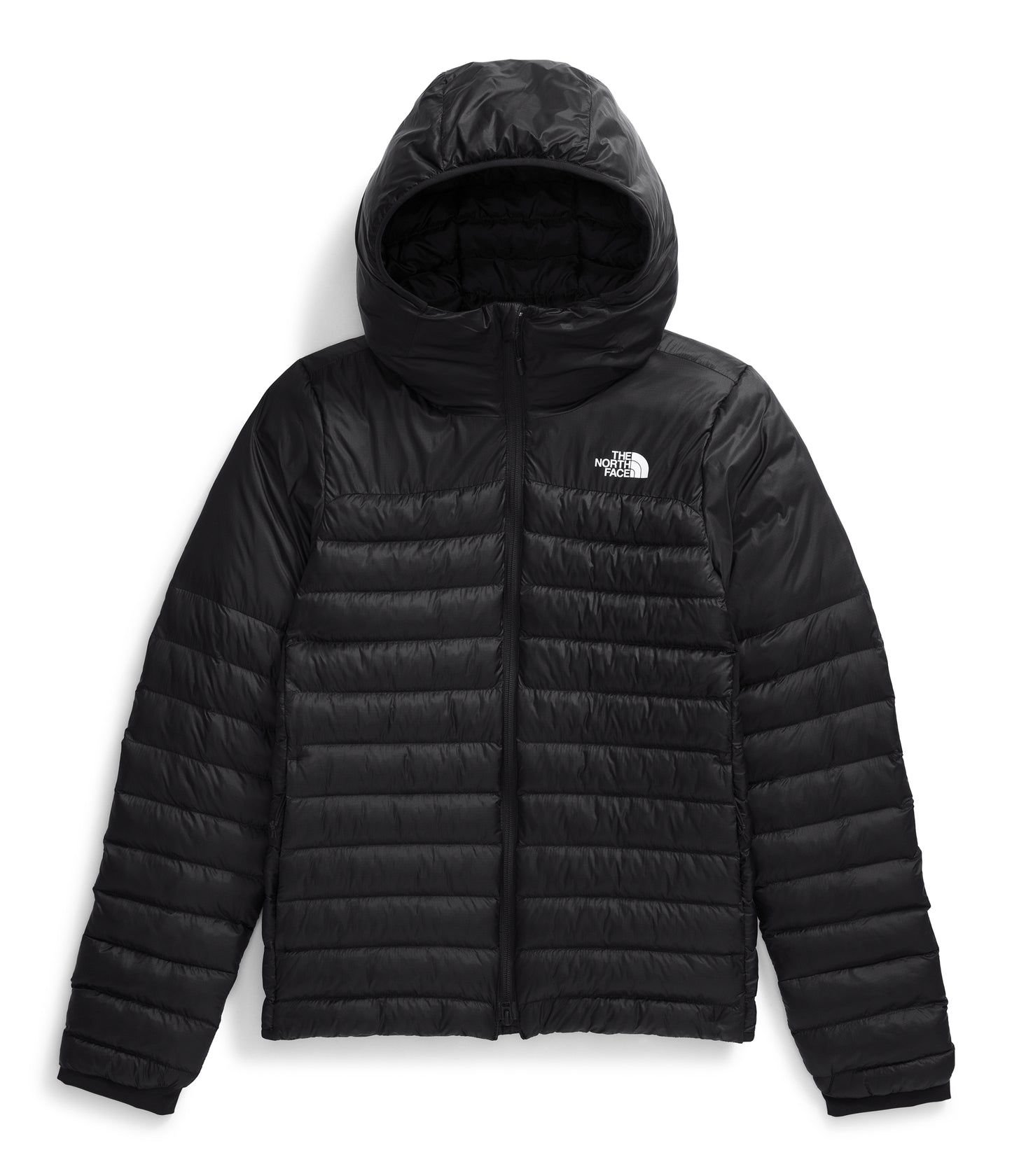 Black hooded puffer jacket with white logo on upper right chest.