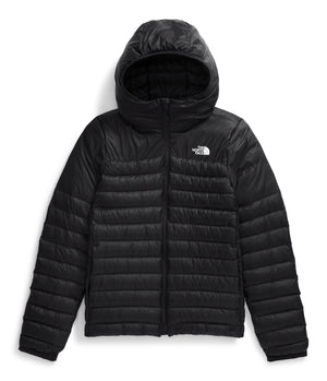 Black hooded puffer jacket with white logo on upper right chest.