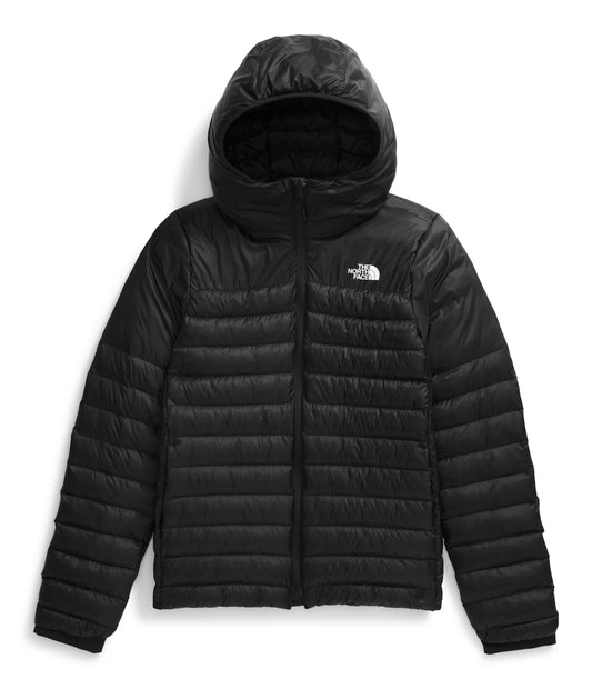 Black hooded puffer jacket with white logo on upper right chest.