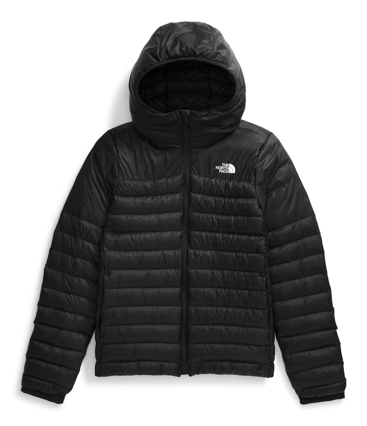 Black hooded puffer jacket with white logo on upper right chest.