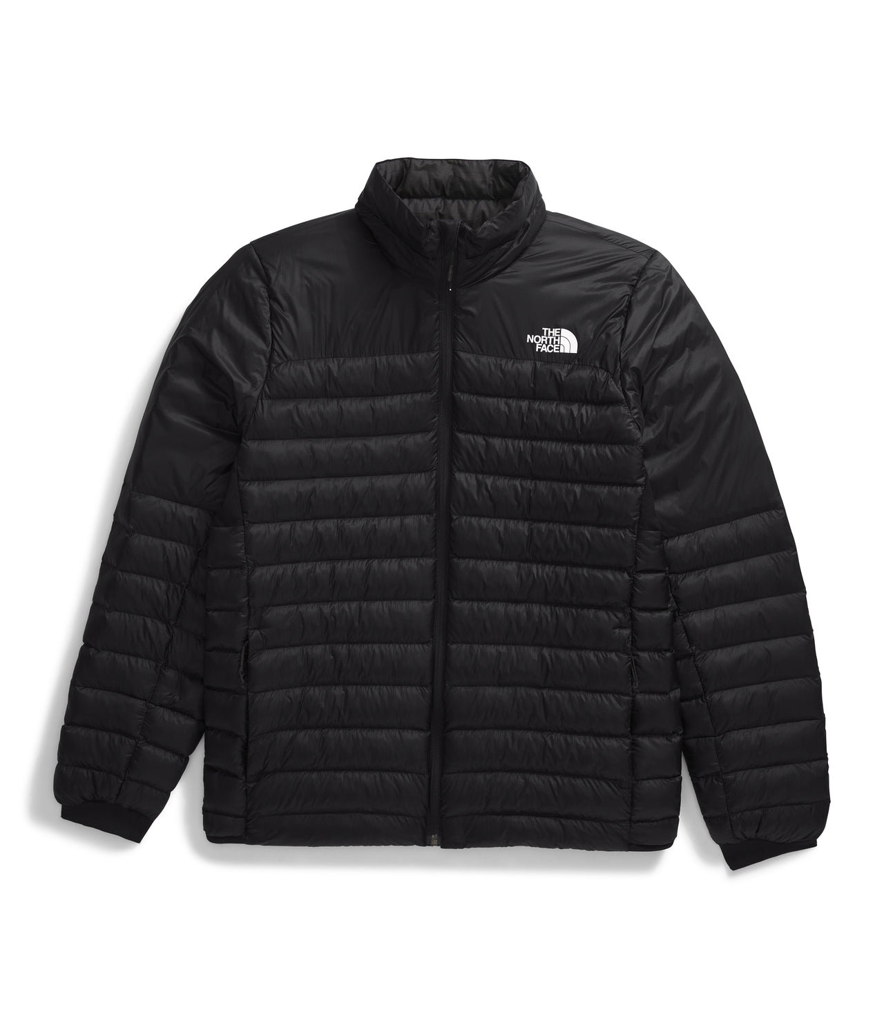 Black puffer jacket with white logo on the upper-right chest.