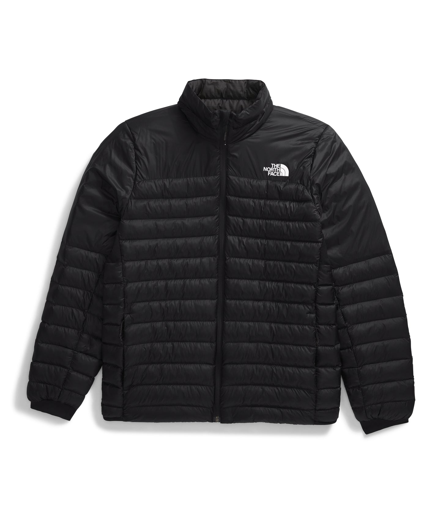 Black puffer jacket with white logo on the upper-right chest.