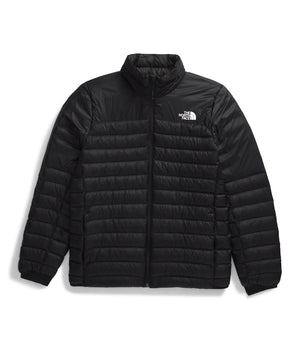 Black puffer jacket with white logo on the upper-right chest.