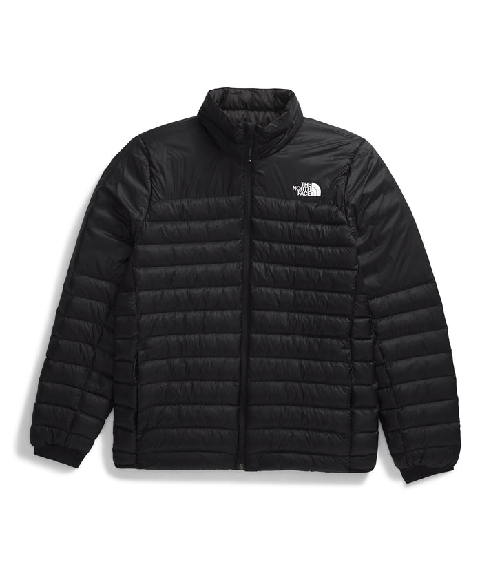 Black puffer jacket with white logo on the upper-right chest.