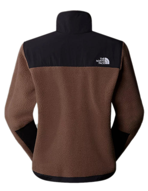 Brown fleece jacket with black upper and sleeve accents, and a white logo on the upper back.
