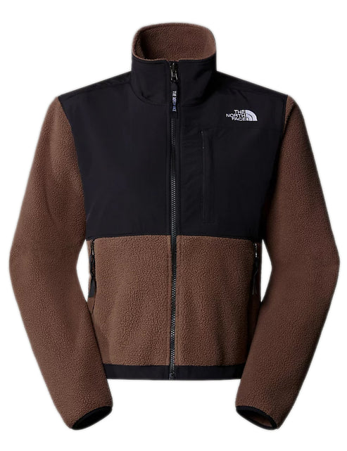 Brown and black fleece jacket with full zipper and logo on upper right chest.