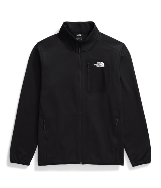 Black jacket with a zipper, long sleeves, and a white logo on the upper chest