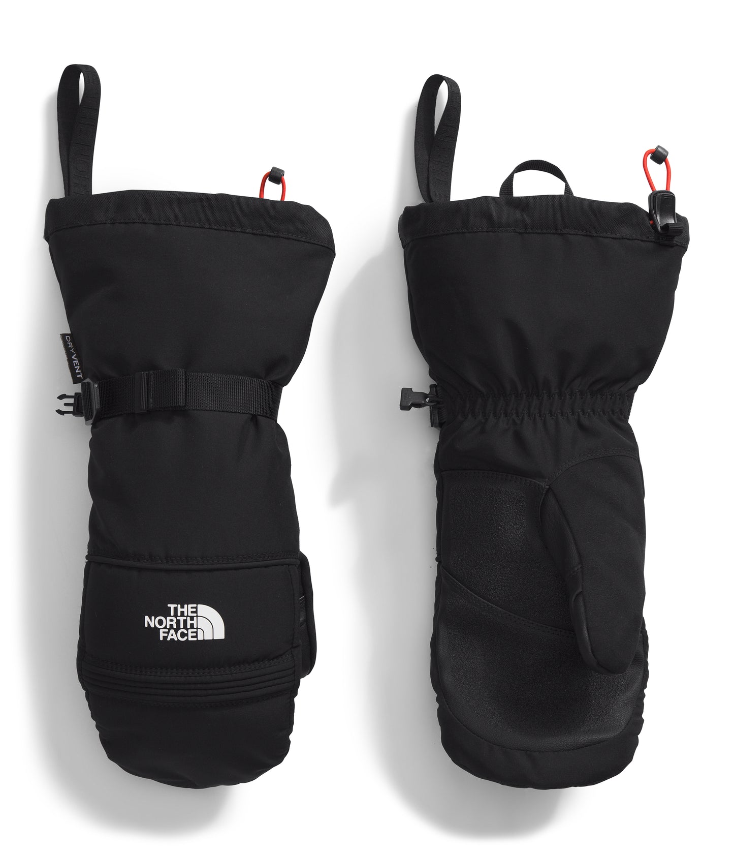 Two black snow gloves. One shows the back with a strap and opening, the other shows the palm with the logo 'THE NORTH FACE'.