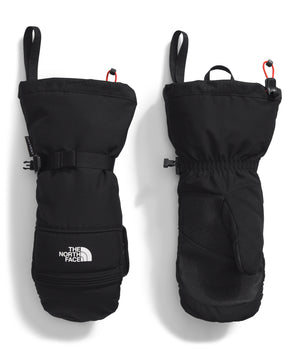 Two black snow gloves. One shows the back with a strap and opening, the other shows the palm with the logo 'THE NORTH FACE'.