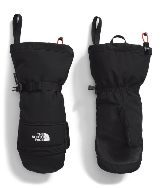 Two black snow gloves. One shows the back with a strap and opening, the other shows the palm with the logo 'THE NORTH FACE'.