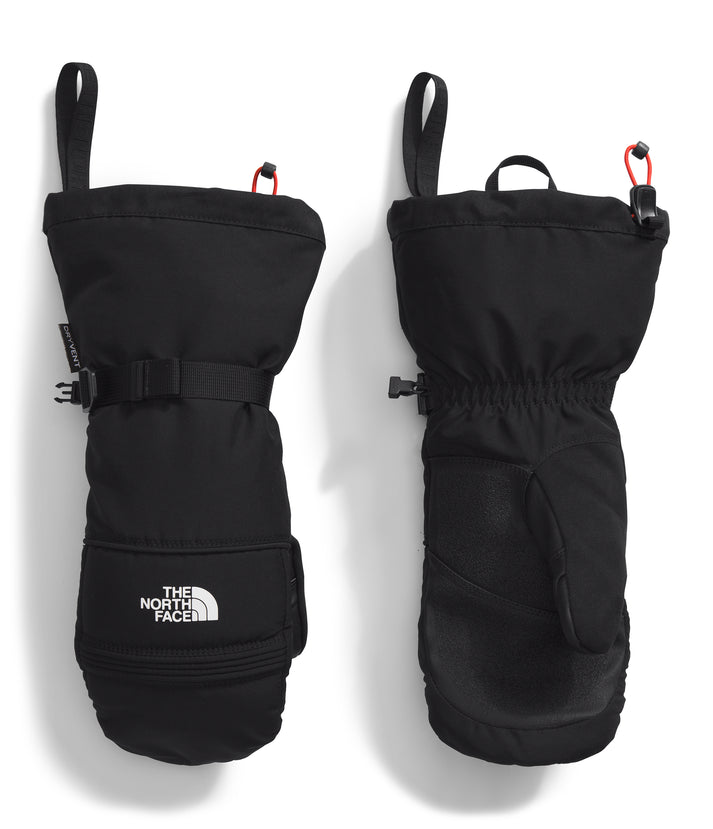 Two black snow gloves. One shows the back with a strap and opening, the other shows the palm with the logo 'THE NORTH FACE'.