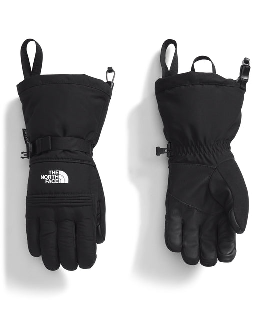 Two black waterproof ski gloves with a white logo, wrist straps, and attached loops.