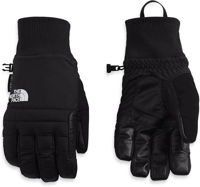 Pair of black winter gloves, with leather palms, adjustable wrist straps, and the words "THE NORTH FACE" on the back of the left glove.