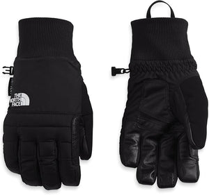 Pair of black winter gloves, with leather palms, adjustable wrist straps, and the words "THE NORTH FACE" on the back of the left glove.