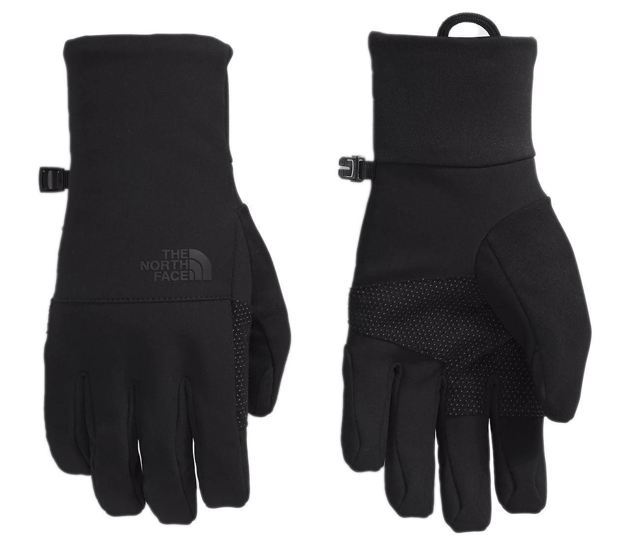 Two views of black gloves with a buckle strap around the wrist and a rubberized palm for grip; "THE NORTH FACE" is embossed at the top.