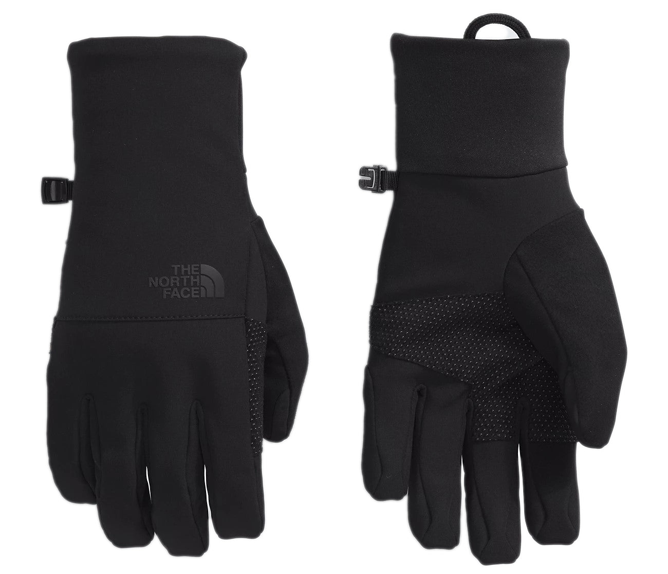 Two views of black gloves with a buckle strap around the wrist and a rubberized palm for grip; "THE NORTH FACE" is embossed at the top.