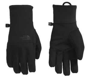 Two views of black gloves with a buckle strap around the wrist and a rubberized palm for grip; "THE NORTH FACE" is embossed at the top.