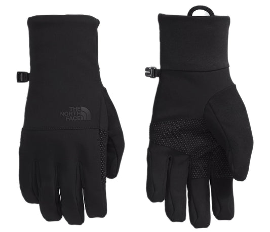Two views of black gloves with a buckle strap around the wrist and a rubberized palm for grip; "THE NORTH FACE" is embossed at the top.