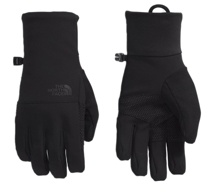 Two views of black gloves with a buckle strap around the wrist and a rubberized palm for grip; "THE NORTH FACE" is embossed at the top.