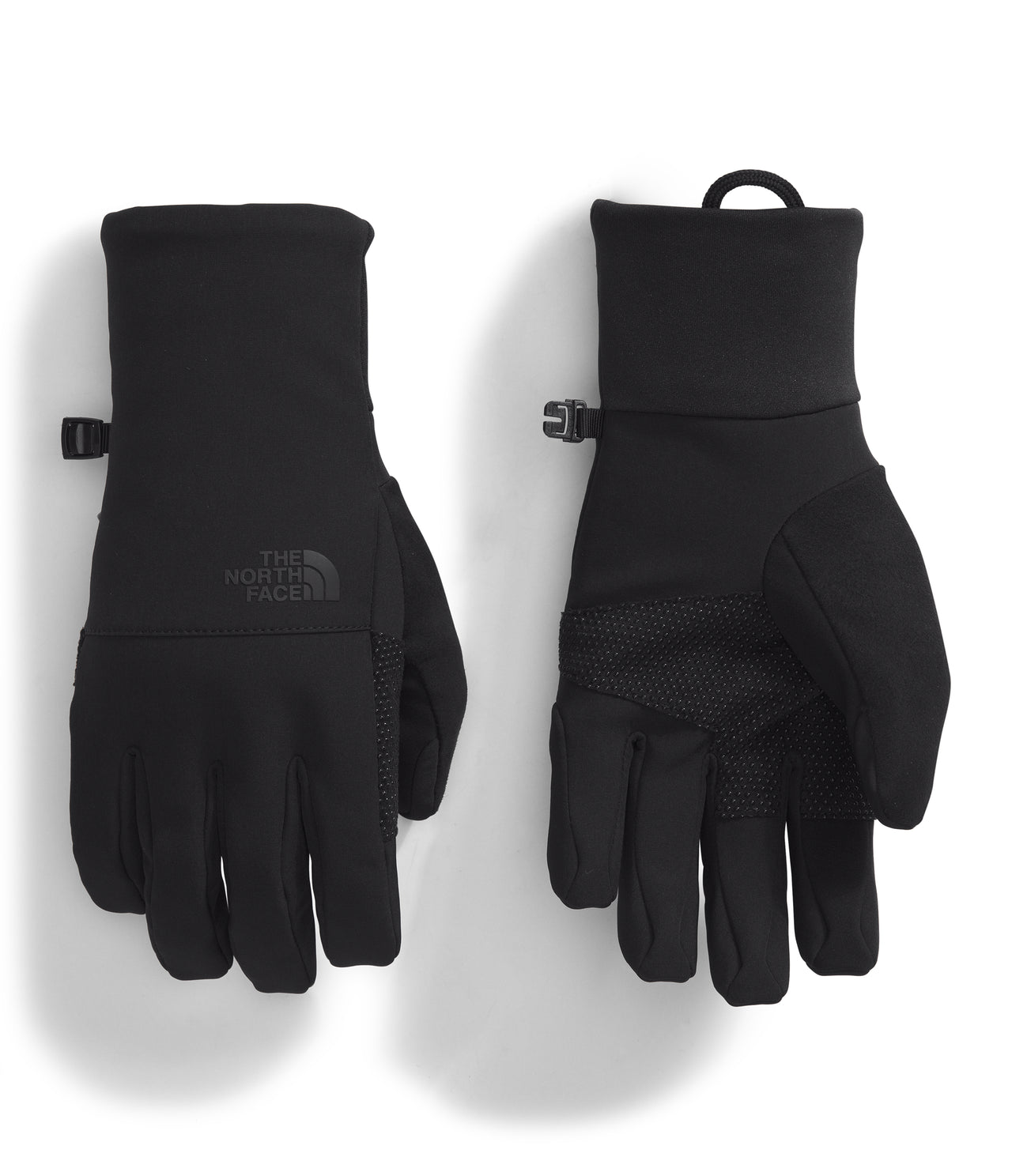 Pair of black gloves, wrist loop, finger grips.