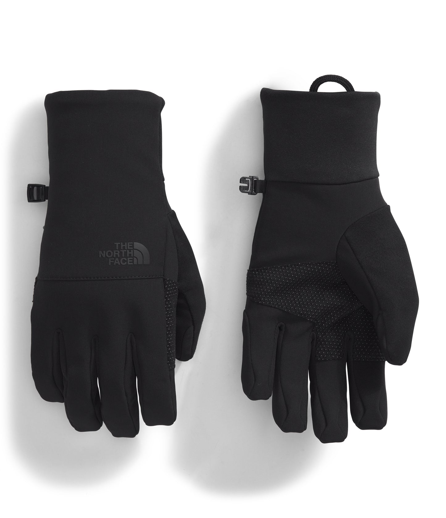 Pair of black gloves, wrist loop, finger grips.