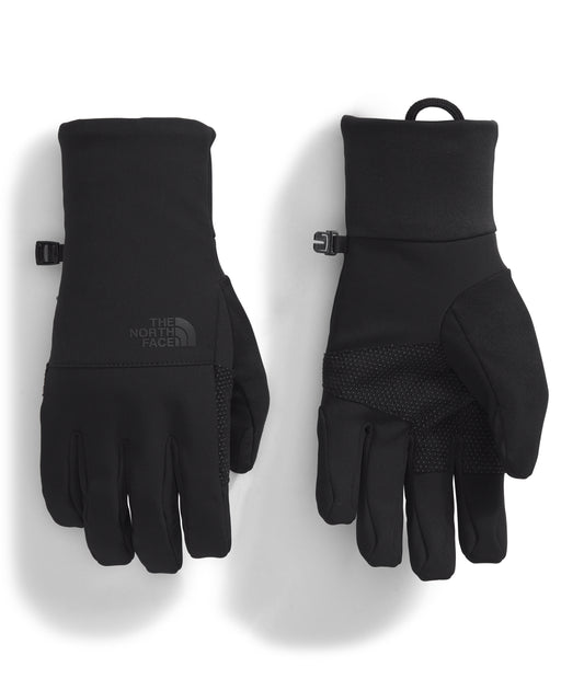 Pair of black gloves, wrist loop, finger grips.