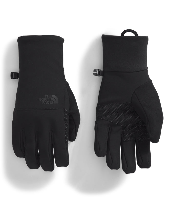 Pair of black gloves, wrist loop, finger grips.