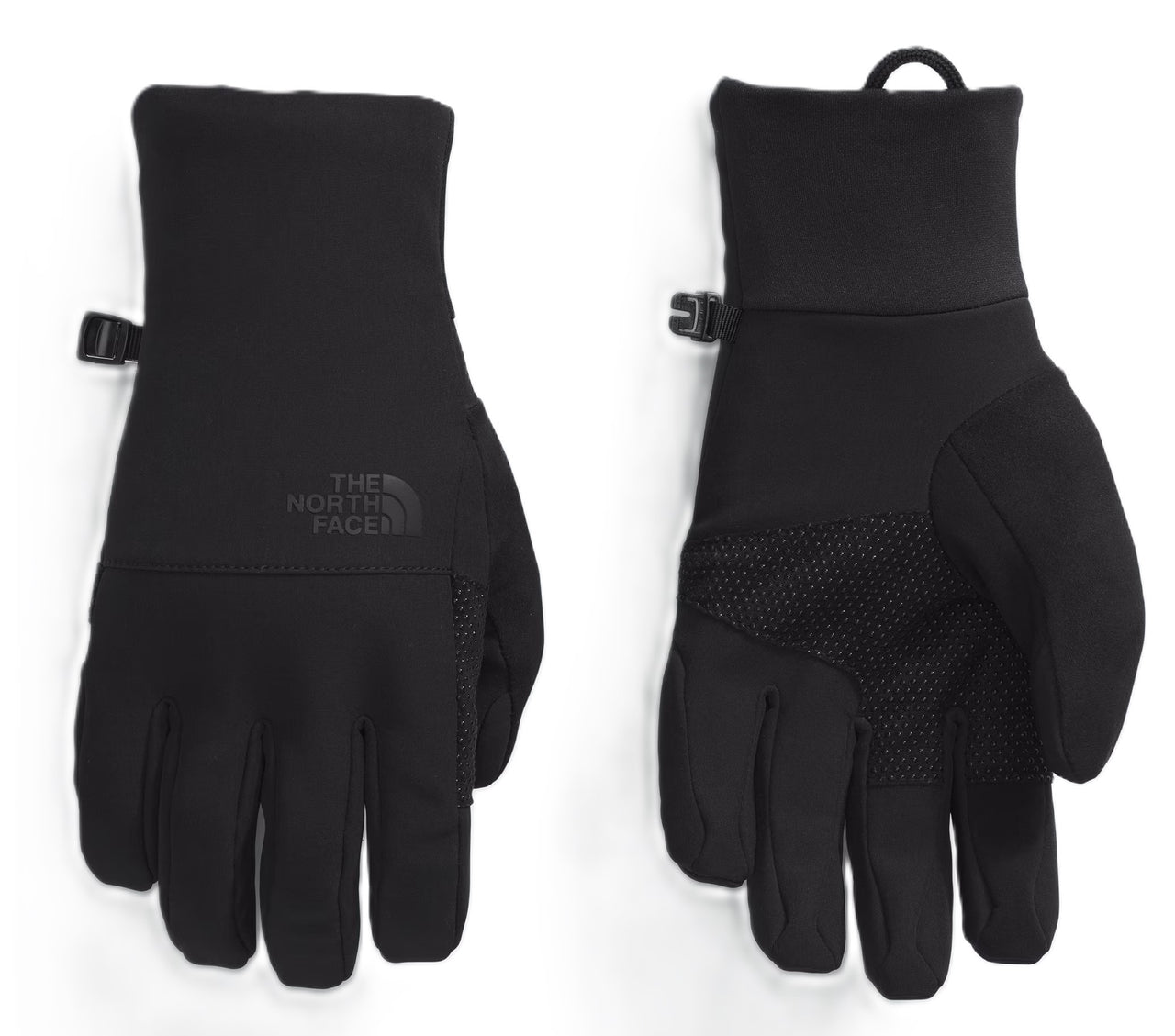 Two black gloves. The North Face is embroidered on one of them. The other has a textured palm.