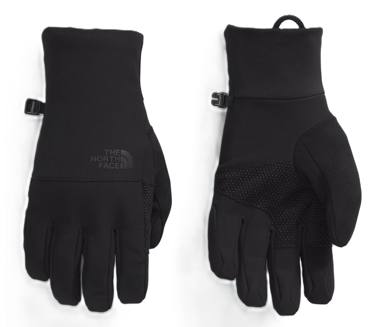 Two black gloves. The North Face is embroidered on one of them. The other has a textured palm.