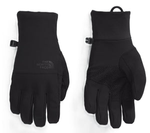 Two black gloves. The North Face is embroidered on one of them. The other has a textured palm.
