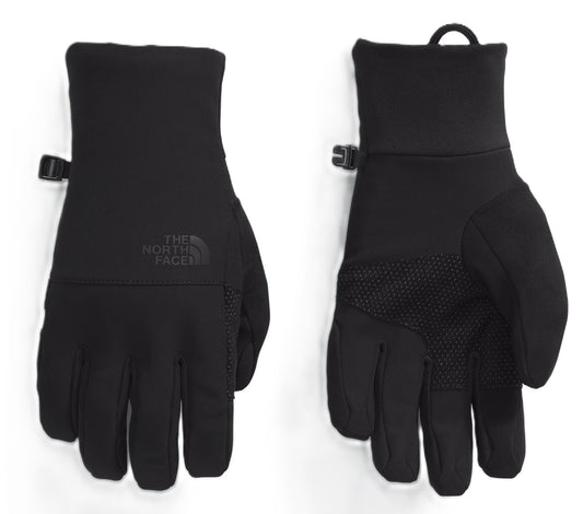 Two black gloves. The North Face is embroidered on one of them. The other has a textured palm.