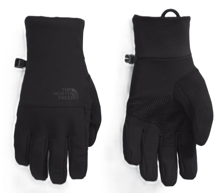 Two black gloves. The North Face is embroidered on one of them. The other has a textured palm.