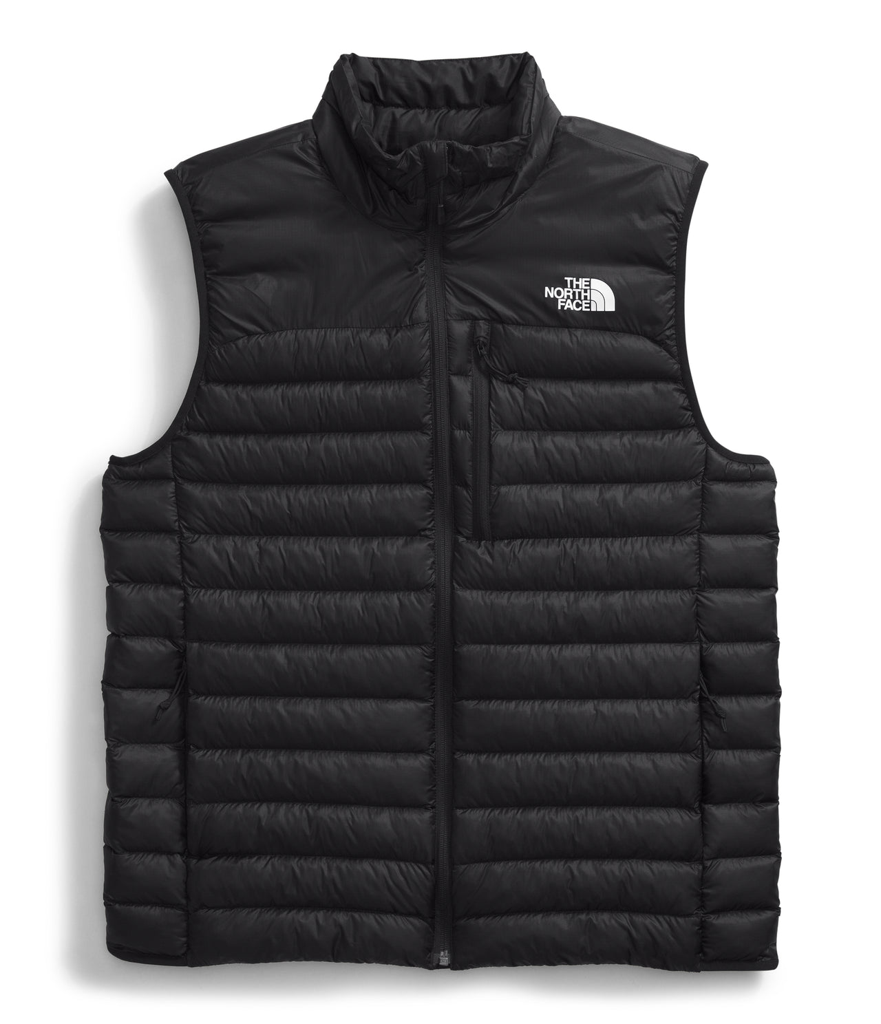 A black down-filled vest with a logo on the upper right chest.