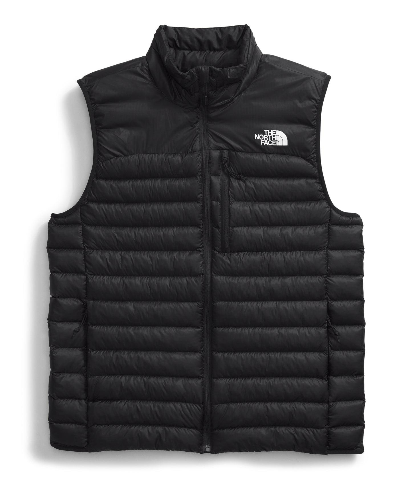 A black down-filled vest with a logo on the upper right chest.