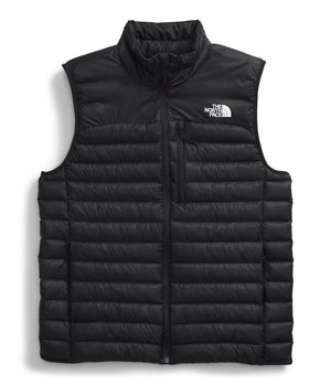 A black down-filled vest with a logo on the upper right chest.