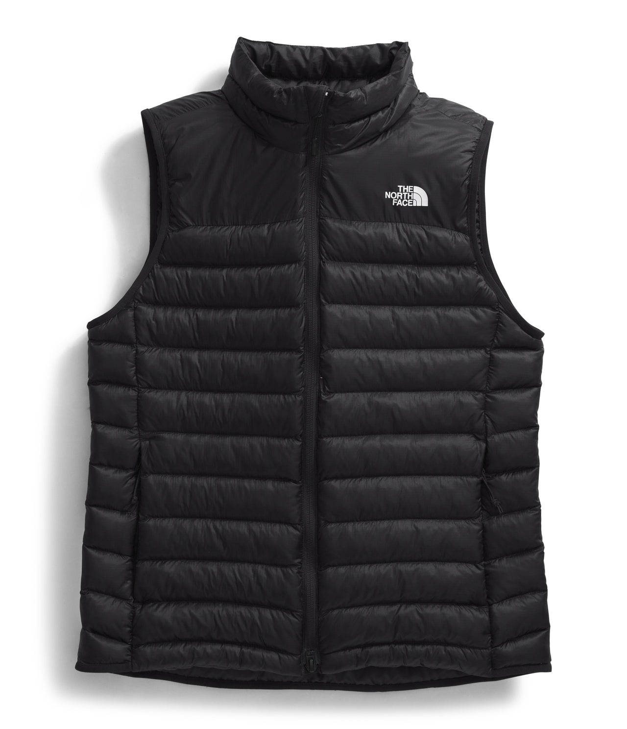 Black, quilted, down filled vest with a high collar and a white logo on the upper right.